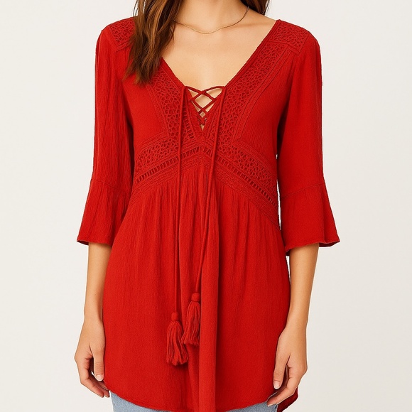 Harlow | XS | Red Boho Lace Trim Peasant Dress - Picture 1 of 6
